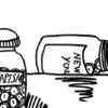 Pill bottles with the labels 'escapism' and 'new you'
