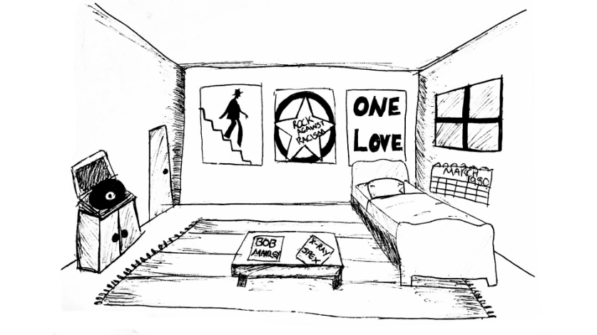 Illustration of a teenage bedroom in 1980.