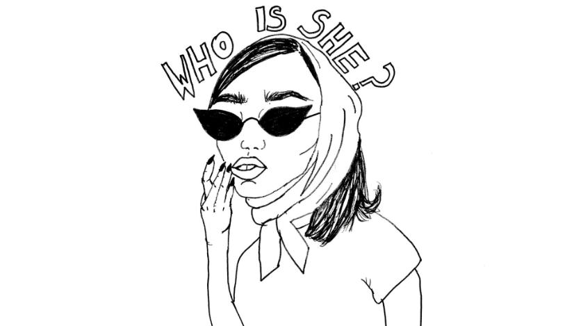Image of woman in a headscarf and sunglasses, smoking. Text above reads: 'Who Is She?'